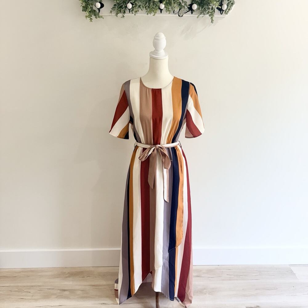 Roolee Colorful Striped Asymmetrical Short Sleeve Tie Belt Maxi Dress Size S 20-